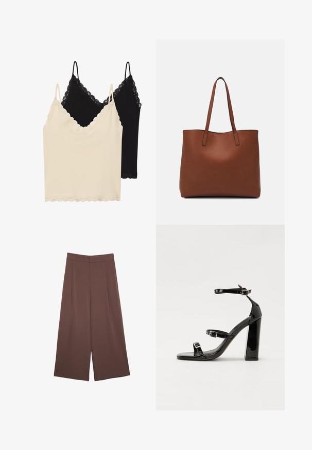 Dve tielka: jedno krémové a jedno čierne. Obidva majú čipkovaný lem okolo výstrihu a spodného okraja, s nastaviteľnými ramienkami.; Hnedé nohavice so širokými nohavicami a hladkou textúrou, s vysokým pásom a prednými skladmi. Tkanina je ľahká a voľne sa pohybuje.; Čierne lakované sandále na podpätku so štvorcovou špičkou, navlečenými remienkami okolo členku a striebornými prackami. Disponujú masívnym blokovým podpätkom pre stabilitu.; Hnedá kožená taška na rameno s hladkou textúrou, otvoreným vrchom a dvoma ramenými popruhmi. Má minimálne šitia a žiadne viditeľné kovania.