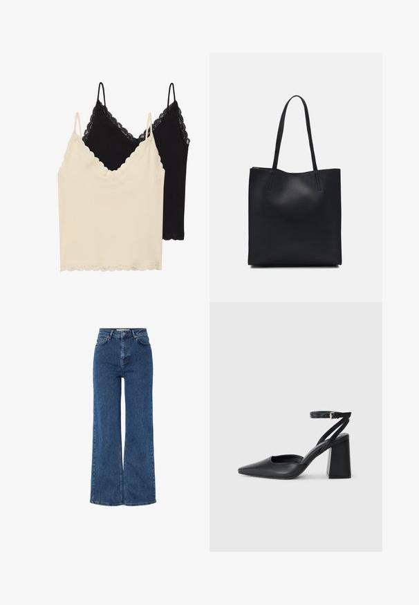 Dos camisetas sin mangas: una en color crema y otra en negro. Ambas cuentan con encaje en el escote y en el dobladillo, además de tirantes de espagueti ajustables.; Jeans de mezclilla azul de cintura alta con piernas anchas, que presentan un diseño tradicional de cinco bolsillos, cierre con botón de metal y costuras en contraste.; Zapato de tacón puntiagudo de cuero negro con tira en el tobillo y tacón ancho. Textura plana, diseño elegante y estética minimalista.; Bolso tote de cuero negro con textura lisa, forma rectangular y dos asas largas. Sin herrajes ni adornos visibles.