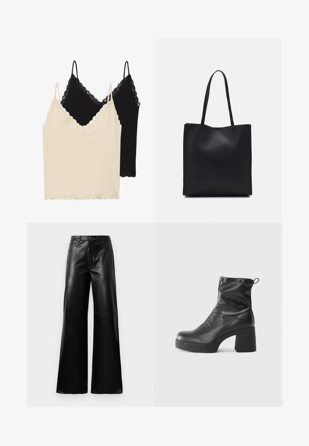 Dva topa: jedan krem i jedan crni. Obe imaju čipkaste detalje oko dekoltea i donjeg ruba, sa podešavajućim trakama.; Crne visoke široke hlače od umjetne kože s prednjim gumbom, zatvaranjem na zip, petljama za pojas i bočnim džepovima na bijeloj pozadini.; Crne gležnjače od glatke kože, s bočnim zatvaračem, debelim teksturiranim potplatom i dizajnom s zaobljenim prstima.; Crna kožna torba za nošenje s glatkom teksturom, pravokutnim oblikom i dvije duge ručke. Nema vidljivih metalnih dijelova ili ukrasa.