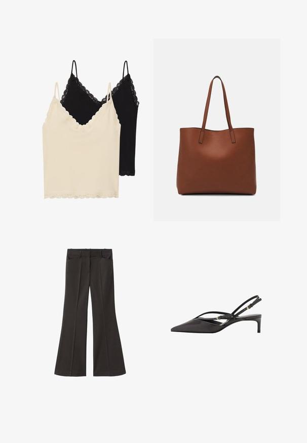 Two camisoles: one cream and one black. Both feature lace trim along the neckline and hem, with adjustable spaghetti straps.; Black flared trousers with a high waist; features two front pockets and a smooth fabric texture. Suitable for various occasions.; Black leather slingback pump with a pointed toe, slender ankle straps, and a low stiletto heel. Smooth texture with minimalistic design.; Brown leather tote bag with a smooth texture, open top design, and two shoulder straps. Features minimal stitching and no visible hardware.