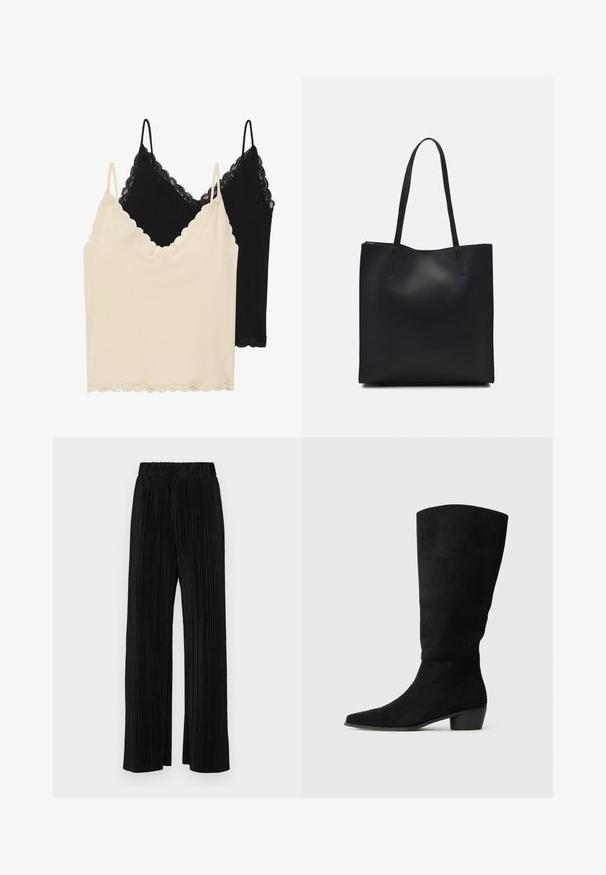 Two camisoles: one cream and one black. Both feature lace trim along the neckline and hem, with adjustable spaghetti straps.; Black pleated trousers with an elastic waistband. Features wide legs and a smooth, textured fabric with vertical stripes.; Black suede knee-high boot with low block heel and pointed toe, shown in side view on a plain light gray background.; Black leather tote bag with smooth texture, rectangular shape, and two long handles. No visible hardware or embellishments.