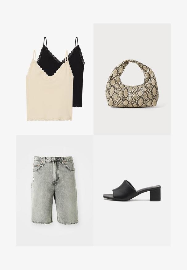 Dve cami majice: ena kremna in ena črna. Obe imata čipkast rob okoli izreza in roba, ter nastavljive trakove.; Sive denim kratke hlače z klasičnim pet-pocket dizajnom, bledim videzom in našitki na robovih in pasu.; Črne usnjene mule z blokastim petami in odprto tobko, s sijočo površino in rahlo ukrivljenim zgornjim delom za udobje in stil.; Torba z vzorom kače s ukrivljenim ročajem. Narejena iz teksturiranih, bež in rjavih materialov, ki imajo značilen diamante vzorec.