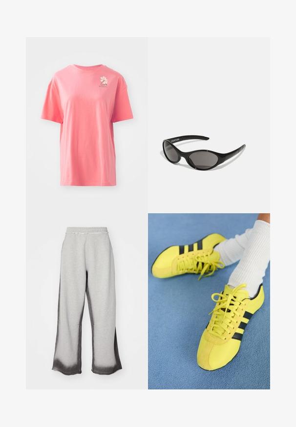 Camiseta de manga corta color coral rosa hecha de algodón con cuello redondo. Presenta un pequeño logo blanco en la parte superior izquierda del pecho.; Pantalones de chándal grises con un acabado texturizado, que presentan un degradado oscuro en la parte inferior, cintura elástica y corte ancho.; Zapatillas deportivas de color amarillo brillante con rayas y cordones negros; presentan una parte superior texturizada y acentos de ante. Se usan con calcetines blancos de canalé.; Gafas de sol negras con forma ovalada y lentes oscuros. Montura de plástico elegante con acentos texturizados en las patillas. Marca en el lateral.