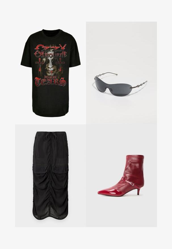 Schwarzes Baumwoll-T-Shirt mit einem Grafiker eines Gesichts mit langen Haaren, roten Akzenten und dem Text "Ozzy Osbourne No More Tears" sowie Kreuzen.; Schwarze Midirock aus leichtem Stoff. Mit gerafften Details, zwei Vorderaschen und einem Kordelzugbund für Anpassungsfähigkeit.; Roter synthetischer Knöchelstiefel mit spitzer Zehenform, glänzender Oberfl äche und schmalem Absatz. Verfügt über einen Riemen mit einer Metall-Schnalle und einem elastischen Schaft.; Sonnenbrille mit dunkelgrauen Gläsern, eleganter, geschwungener Form und markanten, wellenförmigen Metallbügeln. Die Oberfläche ist glatt mit einem dezenten matten Finish.; Schwarze Lacklederhandtasche mit dreieckiger Form, ausgestattet mit einem oberem Reißverschluss und einem verstellbaren Träger. Logo "KARL LAGERFELD JEANS" in Silber.; Schwarze Spitzen-Halskette mit einem ovalen, facettierten Anhänger und zwei herabhängenden Perlen. Aufwändiges Design mit dekorativem, gemustertem Rand.