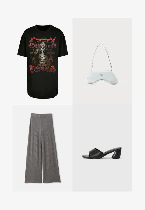 Fekete pamut póló, hosszú hajú arc grafikájával, piros kiegészítőkkel, és az "Ozzy Osbourne No More Tears" felirattal keresztek között.; Szürke, bordázott, bő szárú nadrág magas, elasztikus derékpánttal. Az anyag lágy és texturált, ami kényelmes illeszkedést biztosít az egész hossz mentén.; Fekete, magassarkú szandál sima műbőr felsőrésszel, nyitott orrú kialakítással és jellegzetes szögletes sarokkal. Minimalista négyzet alakú talpbetét.; Fehér lakkbőr válltáska ívelt dizájnnal, ezüst színű fémrészletekkel és diszkrét logóval az elülső részen. Állítható pánt jár hozzá.