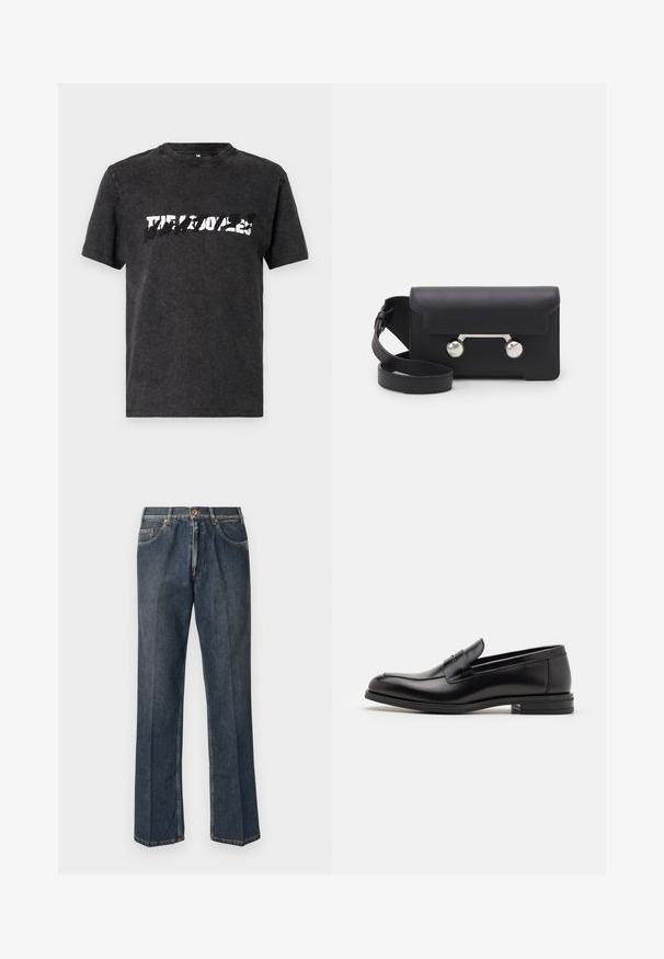 Czarna bawełniana koszulka z okrągłym dekoltem, zdobiona wyraźnym, postarzanym białym wzorem na klatce piersiowej. Krótkie rękawy.; Ciemnoniebieskie dżinsy prostego kroju z przodu na guzik, z suwakiem, podwójnymi kieszeniami z przodu oraz widocznymi pionowymi zmarszczeniami na nogawkach.; Czarne skórzane mokasyny o gładkiej fakturze, zaokrąglonym nosku i dekoracyjnym pasku na przodzie. Niski, warstwowy obcas, minimalistyczny design.; Czarna skórzana torba na ramię z klapką, z metalowymi elementami w srebrnym kolorze i dwoma okrągłymi akcentami. Posiada odczepiany pasek. Gładka faktura.