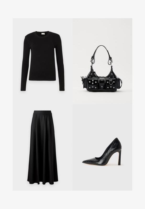 Fekete, hosszú ujjú póló, puha, sima anyagból készült. Kerek nyakkivágással és testhezálló fazonnal rendelkezik, látható minták vagy díszek nélkül.; Fekete, földig érő szoknya sima textúrával, széles derékrésszel és plisszézett dizájnnal, látható minták vagy díszítések nélkül.; Fekete hegyes orrú magassarkú cipő krokodilbőr textúrával, letisztult dizájnnal, magas tűsarkú és sima fekete belső résszel.; Fekete bőr kézitáska ívelt designnal, ezüst szegecsekkel, csattal és két oldalsó zsebbel. Állítható vállpánt a hordozási lehetőségekhez.