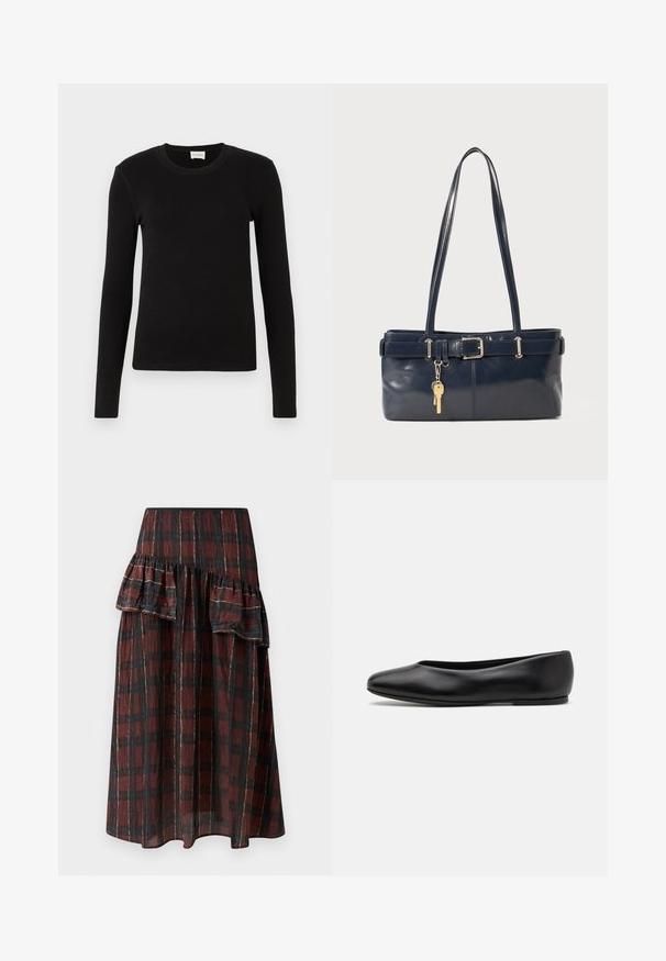 Schwarzes langärmeliges T-Shirt aus weichem, glattem Stoff. Mit rundem Halsausschnitt und taillierter Form, ohne sichtbare Muster oder Akzente.; Maxi-Rock in dunkelrot-schwarz kariertem Muster, mit mehreren Rüschen an der Taille, aus leichtem Stoff mit weicher Textur gefertigt.; Paul Smith TOPANGA - Klassischer Ballerina - black; Marineblaue Lederhandtasche mit zwei langen Griffen, einer Schnallen-Detailierung und einem daran befestigten Schlüsselanhänger. Besitzt eine glatte Textur und eine rechteckige Form.