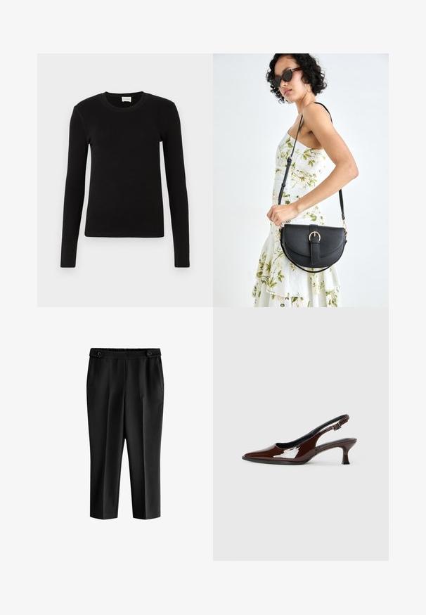 Čierne tričko s dlhým rukávom vyrobené z mäkkej, hladkej tkaniny. Má okrúhly výstrih a priliehavý strih, bez viditeľných vzorov alebo akcentov.; Čierne skrátené nohavice s voľným strihom, elastickým pásom a dvoma prednými vreckami. Tkanina má hladkú textúru s mierne lesklým povrchom.; Hnedá lakovaná slingback obuv s špicatou špičkou a mierne vysokým opätkom. Obsahuje pracku pre bezpečné upevnenie. Hladká textúra.; Čierna kožená kabelka s zaobleným tvarom, odnímateľným popruhom a zlatými doplnkami. Kabelka má klopu s detailom s prackou.