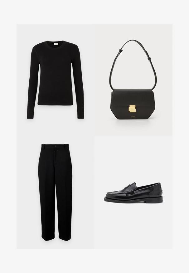 Juodas ilgos rankovės marškinėlis, pagamintas iš minkštos, lygios medžiagos. Turi apvalią iškirptę ir prigludusį siluetą, be matomų raštų ar akcentų.; Juodi kelnės, pasiūtos iš lygios medžiagos, su sagčių uždarymu, diržo kilpomis ir tiesiomis kojomis.; CLOSED LOAFER - Įmautiniai batai - black; CLOSED CLOSED ONE - Rankinė per petį - black