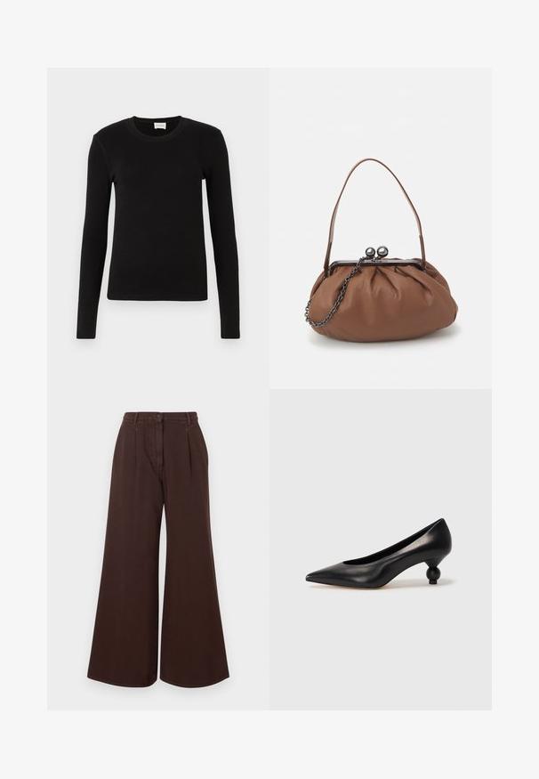 Czarna, długim rękawem koszulka T-shirt wykonana z miękkiego, gładkiego materiału. Posiada okrągły dekolt oraz dopasowany krój, bez widocznych wzorów czy akcentów.; Brązowe spodnie z wysokim stanem i szerokimi nogawkami, z zapięciem na guzik i zamek błyskawiczny, szlufkami na pasek oraz plisami z przodu.; Czarna skórzana szpilka z ostrym czubkiem i okrągłym, kulistym obcasem. Gładka tekstura z eleganckim, minimalistycznym wzornictwem.; Brązowa skórzana torebka na ramię z marszczonym wzorem, krótkim skórzanym uchwytem i łańcuszkowym paskiem. Posiada srebrny metalowy zamek z dwoma okrągłymi akcentami.