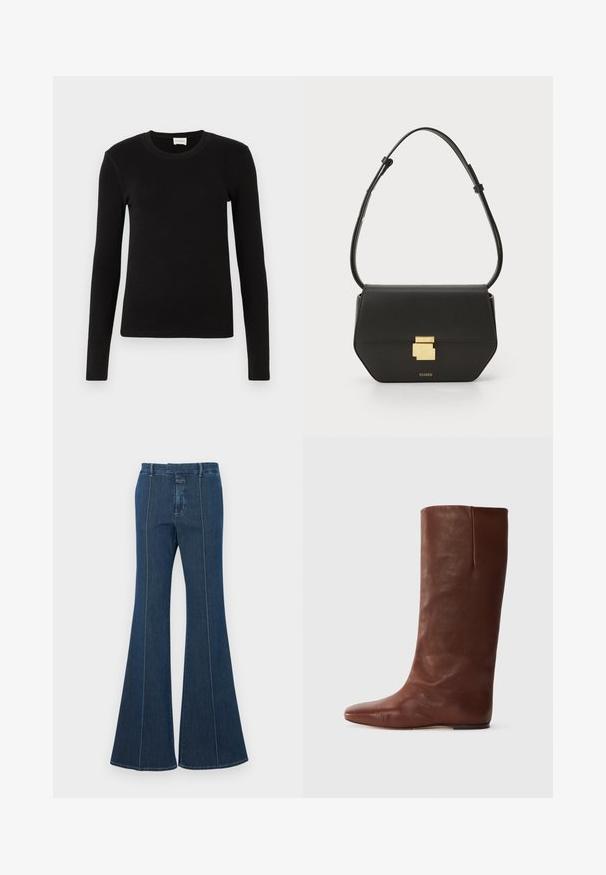 T-shirt preto de manga longa feito de um tecido suave e liso. Apresenta um decote redondo e um corte ajustado, sem padrões ou detalhes visíveis.; Calças de ganga à boca de sino em azul escuro, com costuras estruturadas e um acabamento limpo. Apresenta uma cintura de altura média e pernas largas e fluidas.; Bota de couro castanho até ao joelho com bico apontado e design minimalista; textura lisa, sem hardware ou adornos visíveis.; CLOSED CLOSED ONE - Mala a tiracolo - black