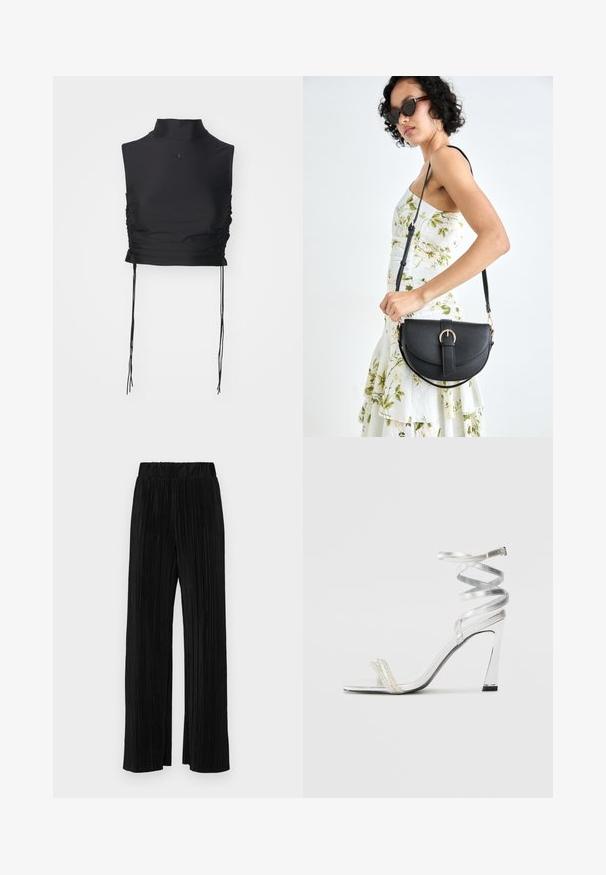 Crna bezrukavna crop majica s visokim ovratnikom, naboranim stranama i podesivim vezicama. Glatka tkanina s diskretnim logotipom na prednjoj strani.; Crne plisirane hlače s elastičnim pojasom. Imaju široke nogavice i glatku, teksturiranu tkaninu s vertikalnim prugama.; Srebrna sandala na visokoj potpetici s sjajnim dizajnom trake, s akcentom nalik biseru i spiralnom trakicom za gležanj radi sigurnog držanja.; Crna kožna torba s lukovitim oblikom, odvojivim remenom i zlatnim detaljima. Torba ima preklop s kopčom.