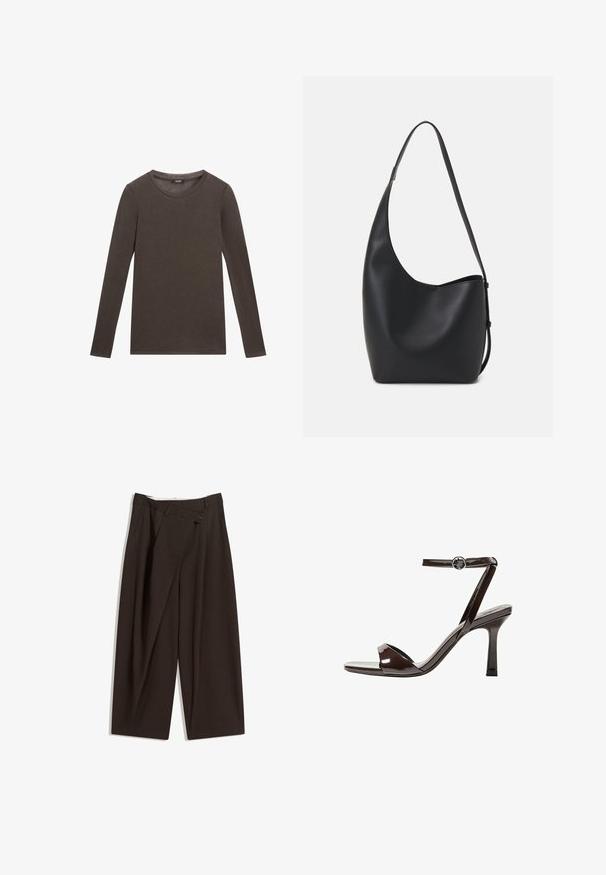 Camicia a maniche lunghe in cotone marrone scuro con scollatura rotonda e una superficie liscia e semplice. Nessuna grafica o decorazione presente.; Pantaloni a gamba larga marrone scuro con vita alta, dotati di una chiusura con bottone singolo e una parte anteriore plissettata. Realizzati in tessuto leggero.; Sandalini con tacco alto in pelle verniciata marrone, con cinturino alla caviglia, punta aperta e un design elegante e minimalista. Presentano un tacco quadrato.; Borsa hobo nera in pelle con una superficie liscia, forma curvata e una singola tracolla regolabile; presenta un'ampia apertura nella parte superiore.