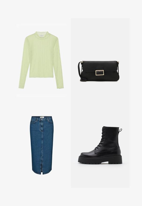 Langarmshirt in Hellgrün, aus strukturiertem Stoff mit einem Stehkragen und gewelltem Muster. Slim Fit mit Cropped-Design und gewelltem Saum.; Dunkelblauer Denim-Bleistiftrock mit einem Schlitz vorne, fünf Taschen und kontrastierenden Nähten. Mittlere Taillenhöhe mit klassischem Design.; Schwarze Lederstiefeletten mit runder Zehenpartie, Schnürung vorne und einer dicken Gummisohle mit strukturiertem Profil. Mit Zugschlaufe an der Rückseite.; Schwarze Leder-Clutch mit Klappe und goldfarbenem Metallschnallen-Detail. Enthält einen schwarzen Riemen und ein schlankes, minimalistisches Design.; Goldfarbene Ohrringe in Form von dünnen, runden Kreolen, mit einer glatten, metallischen Oberfläche und ohne Verzierungen oder Muster.