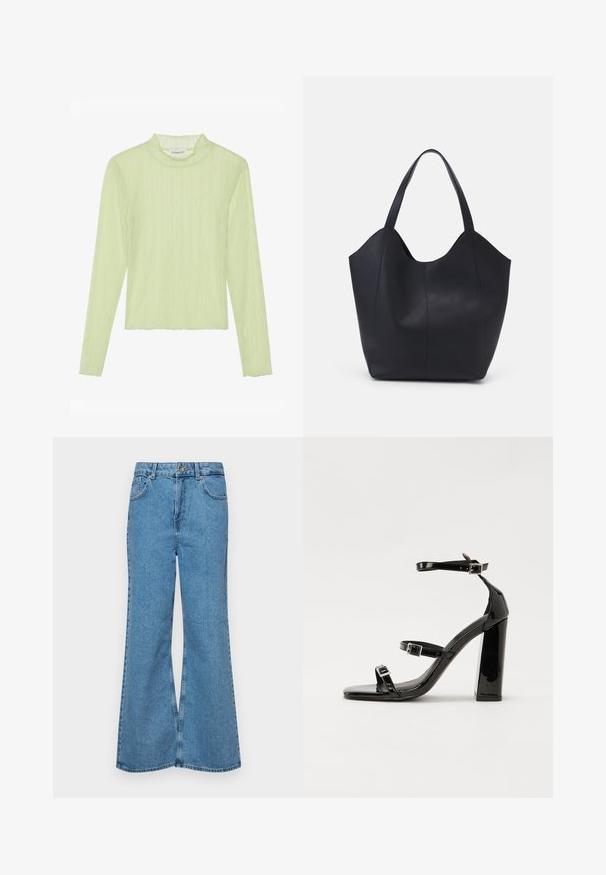 Long-sleeve top in light green, textured fabric with a mock neck and wavy pattern. Slim fit with a cropped design and scalloped hem.; Light blue flared jeans made of denim, featuring a high waist, five pockets, and a single button closure. Soft texture with faded finish.; Black patent heeled sandals with a square toe, ankle straps, and silver buckles. Features a chunky block heel for stability.; Black tote bag made of smooth leather, featuring a curved, open top with two shoulder straps and a minimalist design.
