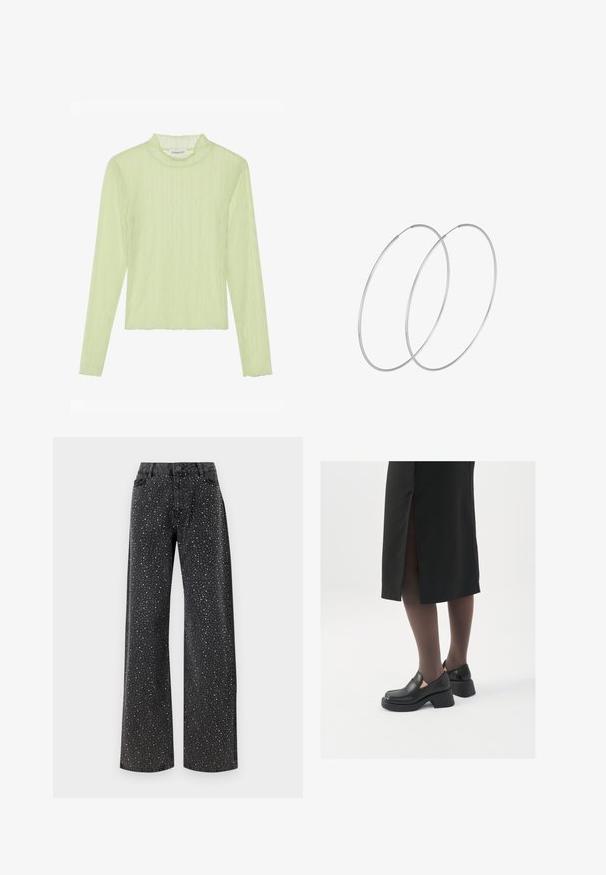 Long-sleeve top in light green, textured fabric with a mock neck and wavy pattern. Slim fit with a cropped design and scalloped hem.; Noisy May NMJANNEL LOOSE - Relaxed fit jeans - black denim; Black leather shoes with a rounded toe, thick block heel, and elastic side accents, paired with dark tights and a black skirt with a slit.; Silver hoop earrings with a minimalist design. Circular shape, smooth texture, and thin profile. Lightweight with a polished finish.