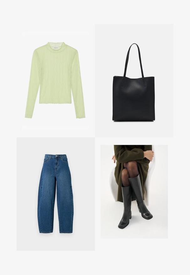 Dlouhý rukáv top v světle zelené barvě, z texturované látky s imitací límce a vlnitým vzorem. Úzký střih s krátkým designem a vlnitým lemem.; Džínové kalhoty v středně modrém praní, s vysokým pasem, širokým střihem nohavic a standardním designem pěti kapes s viditelnými švy.; Černé kožené boty po kolena s hranatou špičkou a blokovým podpatkem, předvedené na modelce sedící v olivově zeleném kabátu. Hladký povrch, minimalizované detaily.; Černá kožená taška přes rameno s hladkým povrchem, obdélníkovým tvarem a dvěma dlouhými uchy. Žádné viditelné kování ani ozdoby.
