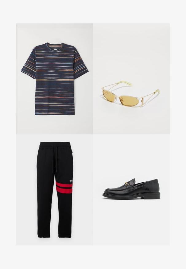 Navy modrá tričko s krátkým rukávem, s horizontálními pruhy v různých barvách, kulatým výstřihem a volným střihem z měkkého materiálu.; Černé tepláky s kontrastními červenými pruhy a logem po straně. Obsahují elastický pas se šňůrkou a zúžené nohavice u kotníků.; Černé kožené mokasíny s zaoblenou špičkou, vyznačující se zlatými kovovými detaily a prošíváním, umístěné na nízké, texturované gumové podrážce.; Sluneční brýle se žlutým nádechem, s průhledným zlatým rámem, štíhlým obdélníkovým tvarem a úhlovými nohami s světle zelenými akcenty.