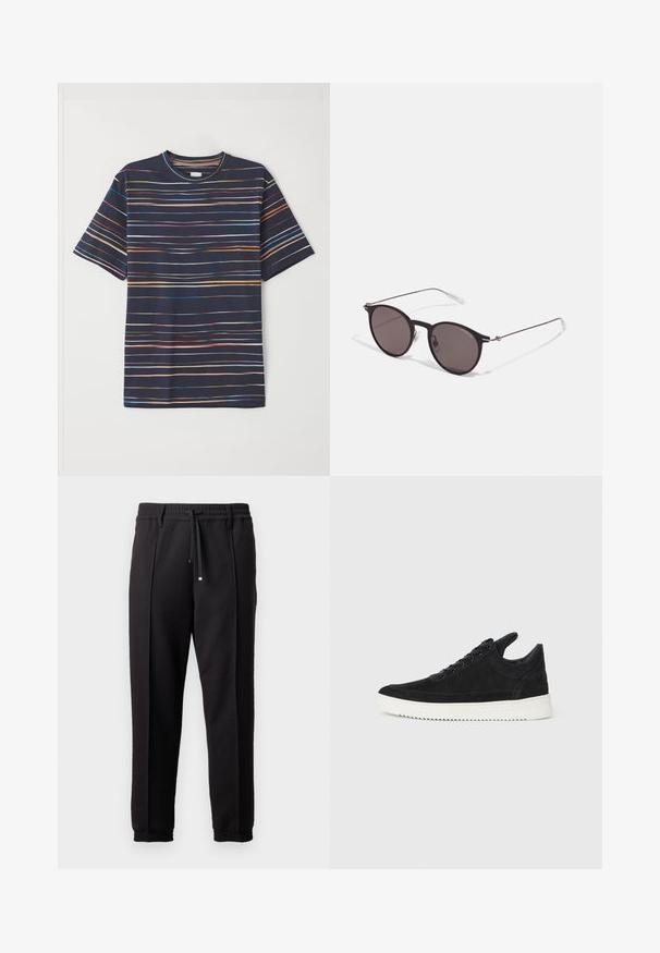 Navy short-sleeve t-shirt featuring horizontal stripes in various colors, round crew neck, soft fabric, and relaxed fit.; Black trousers with a waistband, drawstring, and elastic cuffs. Features pleats and a smooth, textured fabric.; Black suede sneaker with a white rubber sole, featuring tonal stitching and lace-up design. Smooth texture with a modern, streamlined shape.; Black round sunglasses with dark lenses and slim metal arms. Includes clear temple tips and silver accents at the hinge. Minimalist design.