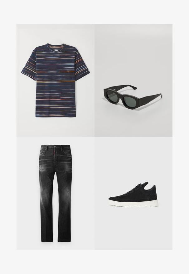 Marineblauwe T-shirt met korte mouwen, uitgerust met horizontale strepen in verschillende kleuren, ronde hals, zacht materiaal en een comfortabele pasvorm.; Zwarte denim jeans met een rechte pasvorm. Beschikt over vervaagde gebieden, lichte slijtage, klassiek vijf-pocket ontwerp en een knoopsluiting.; Zwarte suède sneakers met een witte rubberen zool, voorzien van tonale stiksels en een vetersluiting. Glad oppervlak met een moderne, gestroomlijnde vorm.; Zwarte rechthoekige zonnebril met groen getinte glazen, brede montuur en platte pootjes met een gladde kunststof textuur.