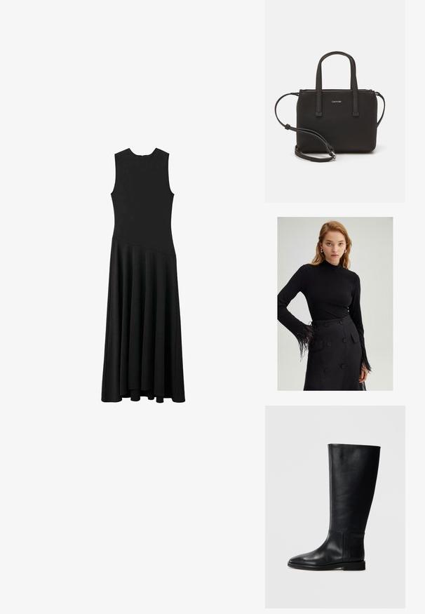 Zwart langemouwen top met een hoge hals en gevederde accenten op de manchetten, gecombineerd met een hoge taille zwarte rok met grote knopen.; Zwarte mouwloze maxi-jurk met een aansluitend lijfje en een uitlopende rok, met een gladde textuur en een minimalistisch ontwerp, zonder zichtbare sluitingen.; Zwarte leren kniehoge laars met een ronde neus, een gladde textuur, een minimalistisch ontwerp en een platte zool. Eenvoudige stikdetails op de schacht.; Zwarte handtas met dubbele korte handvatten en een afneembare schouderriem. Glad, leerachtig materiaal met een ritssluiting en logo-detail.