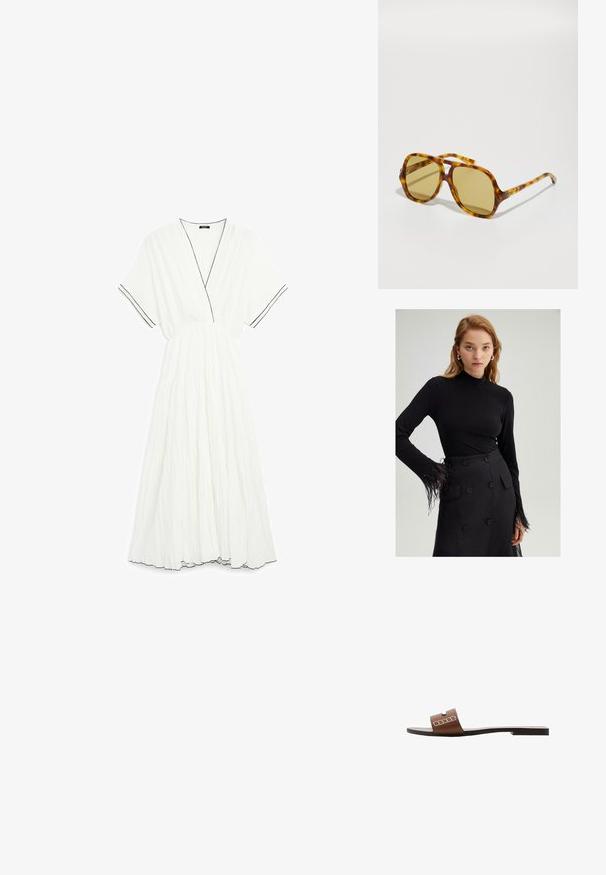 Zwart langemouwen top met een hoge hals en gevederde accenten op de manchetten, gecombineerd met een hoge taille zwarte rok met grote knopen.; Witte, gelaagde jurk van gekreukt stof met een diepe V-halslijn en korte mouwen. Kenmerkt zich door zwarte rand langs de halslijn en mouwranden.; Bruine leren slip-on sandalen met een platte zool, voorzien van een brede band en witte geometrische accenten voor een minimalistisch ontwerp.; CHLOÉ CH0289S - Zonnebril - havana/green; Gevlochten bruine leren handtas met ronde vorm, dubbele bovenhandvaten en een gladde textuur; kenmerken subtiele stitching voor ontwerpdetaillering.