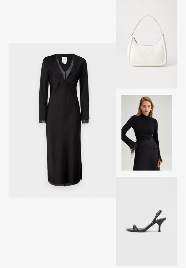 Zwart langemouwen top met een hoge hals en gevederde accenten op de manchetten, gecombineerd met een hoge taille zwarte rok met grote knopen.; Zwarte langemouwen jurk van soepel materiaal, met een diepe V-hals, satijnen accenten op de kraag en splitten aan de zijkanten voor gemakkelijke beweging.; Zwarte leren sandalen met hoge hakken, een slanke, gebogen hak en een gekruist bandontwerp. Verstelbare enkelband. Soepele textuur.; Witte lederen handtas met een gebogen vorm, voorzien van een reliëf "CK" logo aan de voorkant en een enkele schouderriem. Ritsluiting aan de bovenkant.