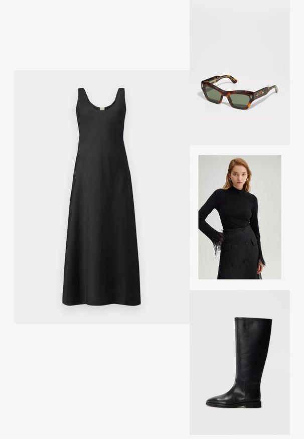 Melnā gara piedurkne top ar augstu apkakli un spalvu akcentiem uz piedurknēm, apvienots ar augsta jostasvieta melnu svārku, kuram ir lieli pogas.; Melna bez Piedurkņu midi kleita ar izgriezumu un pieguļošu augšdaļu, ar maigu plūsmu uz pazemināto apakšu uz vienkārša baltā fona.; Melnas ādas līdzceļgala zābaki ar noapaļotu pirkstu, gludu tekstūru, minimālistisku dizainu un plakanu zoli. Vienkāršas šuvju detaļas uz zābaku augšdaļas.; Tortīšu sarkstainas saulesbrilles ar taisnstūra zaļām lēcām. Bieza rāmja dizainā ir zelta akcenti uz tempļiem. Gluda tekstūra un stūrains dizains.; Melns roku soma ar divām īsām rokturiem un noņemamu plecu siksnu. Gluda ādas līdzīga materiāla ar rāvējslēdzēja aizdari un logos detaļu.