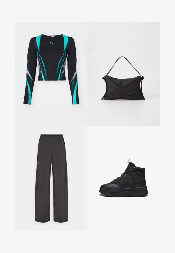 Melnas garām piedurknēm topiņš ar zaļām un tirkīza viļņainām svītrām un Puma logotipu. Gluda auduma ar kontrastējošām tekstūrām uz rokām.; Melna sporta bikses ar plašu jostasvietu, sānu kabatām un gludām šuvēm. Uz kreisās kājas ir neliels logotips. Izgatavotas no gludas, elastīgas auduma.; Melni augstie tenisi, kas izgatavoti no ādas, ar biezu teksturētu zoli, noapaļotu purngalu, auklu aizdari un cilpu aizmugurē ērtai uzvilkšanai.; Melnā rokassoma ar mīkstu, teksturētu materiālu. Izceļas ar viļņotu dizainu, vienu plecu siksnu un smalku logo detaļu priekšpusē.