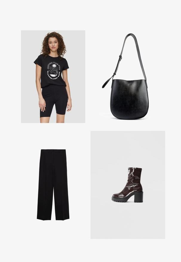 Schwarzes Baumwoll-T-Shirt mit kurzen Ärmeln und rundem Ausschnitt, mit weißem grafischem Text und botanischen Designs auf der Vorderseite.; Schwarze weit geschnittene Hosen aus glattem Stoff, mit Falten an der Vorderseite und seitlichen Taschen, entworfen in einem geraden, lässigen Schnitt.; Glatte bordeauxrote Ankle Boots mit einem klobigen schwarzen Absatz, die eine glatte Oberfläche und ein einfaches Design aufweisen. Keine sichtbaren Verschlüsse oder Muster.; Schwarze Lederhandtasche mit glatter Textur, geschwungener Form, verstellbarem Trageriemen und einem dezent geprägten Logo auf der Vorderseite.