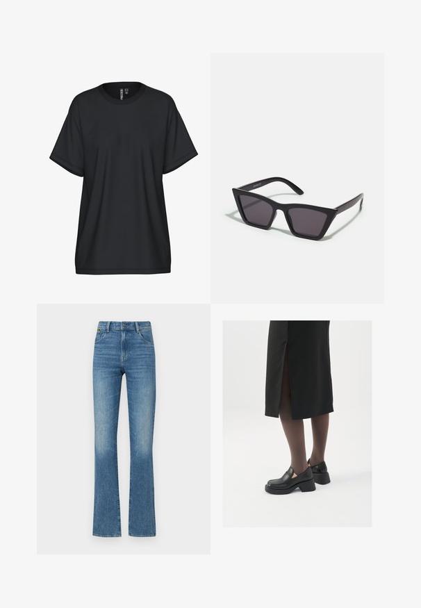 Juoda trumpomis rankovėmis marškinėliai su apvalia iškirpte, pagaminti iš minkštos medžiagos. Turi laisvesnį kirpimą ir minimalias siuvimo detales.; Mėlynos džinsinės kelnės su platėjančiomis kojomis, šiek tiek išblukusiu tekstūru, penkiomis kišenėmis ir mygtukų užsidėjimu juosmens srityje. Pažeidimų detalės prie apačių.; Juodos odinės bateliai su apvaliu nosiu, stora blokine pakulne ir elastingais šonais, derinami su tamsiomis pėdkelnėmis ir juoda sijonu su plyšiu.; Juodos, kampuotos saulės akinios su pilkais stiklais; pagaminti iš plastiko, su storomis šakėmis, turinčiomis lygų paviršių ir be matomų detalių.; Juodas hobo krepšys, pagamintas iš lygaus odos panašaus materiaus, su susuktos rankenos, turintis minkštą, apvalią formą ir viršutinį užtrauktuką.; Aukso auskarai su lygiu, blizgiu paviršiumi. Apvalus dizainas su maža užrakto dalimi ir skaidria atrama saugiam nešiojimui.