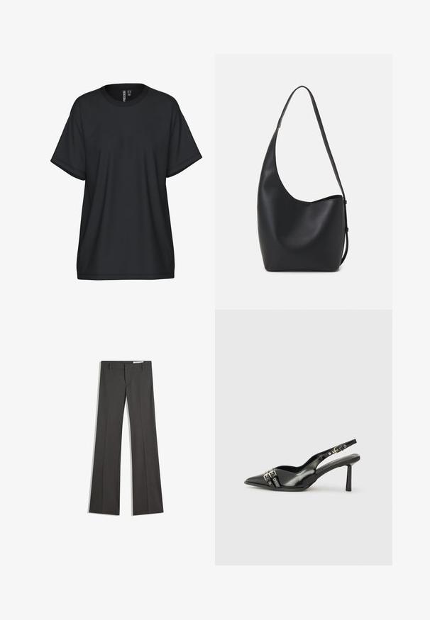 Černé tričko s krátkými rukávy a kulatým výstřihem, vyrobené z měkké látky. Má volný střih a minimální detaily švů.; Šedé rozšířené kalhoty z hladkého materiálu, se splývavým předním dílem, poutky na opasek a přiléhavým střihem s čistými liniemi.; Černá lakovaná slingback obuv s špičatou špičkou, kotníkovými pásky s kovovými sponami a příslušenstvím, a štíhlým podpatkem.; Černá kožená hobo taška s hladkým povrchem, zakřiveným tvarem a jedním nastavitelným popruhem; má široké otevírání nahoře.