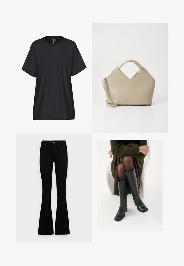 T-shirt preta de manga curta com decote redondo, feita de um tecido suave. Apresenta um corte descontraído e detalhes mínimos de costura.; Jeans pretos de cintura alta com fecho de botão e zíper, bolsos frontais e pernas largas dispostos em cima de um fundo branco.; Botas de couro pretas até ao joelho com biqueira quadrada e salto em bloco, apresentadas com um modelo sentado num casaco verde-azeitona. Textura lisa, com detalhes mínimos.; Bolsa estruturada bege com um topo em forma de V, material de couro liso, alças curtas e uma alça longa ajustável. Design minimalista.