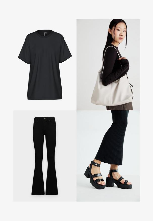 T-shirt preta de manga curta com decote redondo, feita de um tecido suave. Apresenta um corte descontraído e detalhes mínimos de costura.; Jeans pretos de cintura alta com fecho de botão e zíper, bolsos frontais e pernas largas dispostos em cima de um fundo branco.; Sandálias de plataforma pretas com solas robustas e com garras, várias correias, apresentando fivelas de metal e uma textura suave semelhante a couro.; Uma bolsa bege feita de material macio, com um design descontraído, detalhes de costura e duas alças para o ombro. Adequada para uso diário.