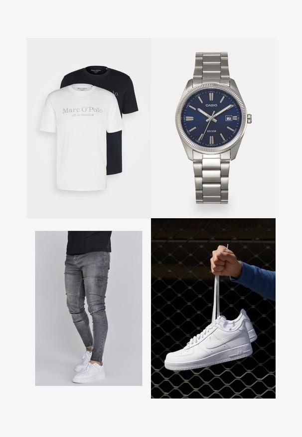 Dvě bavlněné trička: jedno bílé s šedým logem, druhé černé s odpovídajícím logem. Obě mají kulatý výstřih a krátké rukávy.; Slim fit džíny v bledě šedém denimovém provedení, s opotřebovanými detaily na kolenou, kombinované s bílými teniskami. Hladká textura, těsný střih.; Bílé kožené tenisky s perforacemi, kulatou špičkou, plochou podrážkou a silnými tkaničkami, které mají viditelné logo swoosh a nápis "AIR" na patě.; Stříbrný nerezový náramkový hodinky s navy modrým ciferníkem, kovovými hodinovými značkami a oknem pro datum na hodině 3. Vodotěsné do 50 metrů.