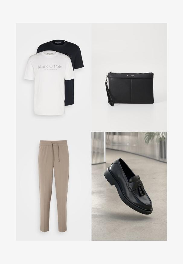 Dve bombažne majice: ena bela z sivo logotipom, druga črna z usklajenim logotipom. Oba imata krojni ovratnik in kratke rokave.; Svetlo bež hlače z elastičnim pasom, nastavljivo vrvico in ozkimi nogami. Tkanina se zdi gladka z rahlim sijajem.; Črni usnjeni mokasini z gladkim zaključkom, dekorativnimi cofki, debelim gumijastim podplatom in všitimi poudarki. Lahka in elegantna zasnova.; Črna sintetična torbica s snemanjem na zadrgo, zapestno zanko in gladko teksturo. Ima diskretno šivanje in logotip vtisnjen na sprednji strani.