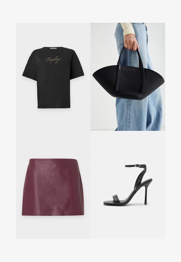 T-shirt preta de manga curta com o logótipo em itálico dourado "Replay" centrado no peito, apresentado sobre um fundo branco simples.; Mini saia em couro borgonha liso com corte reto e sem embelezamentos ou fechos visíveis.; Sandal de salto alto preto com uma tira fina no tornozelo e duas faixas frontais. Feita de couro liso com um bico afilado e salto agulha.; Bolsa de mão em couro preto com uma forma única em leque, apresentando alças planas. A superfície tem uma textura pebble e um design minimalista.