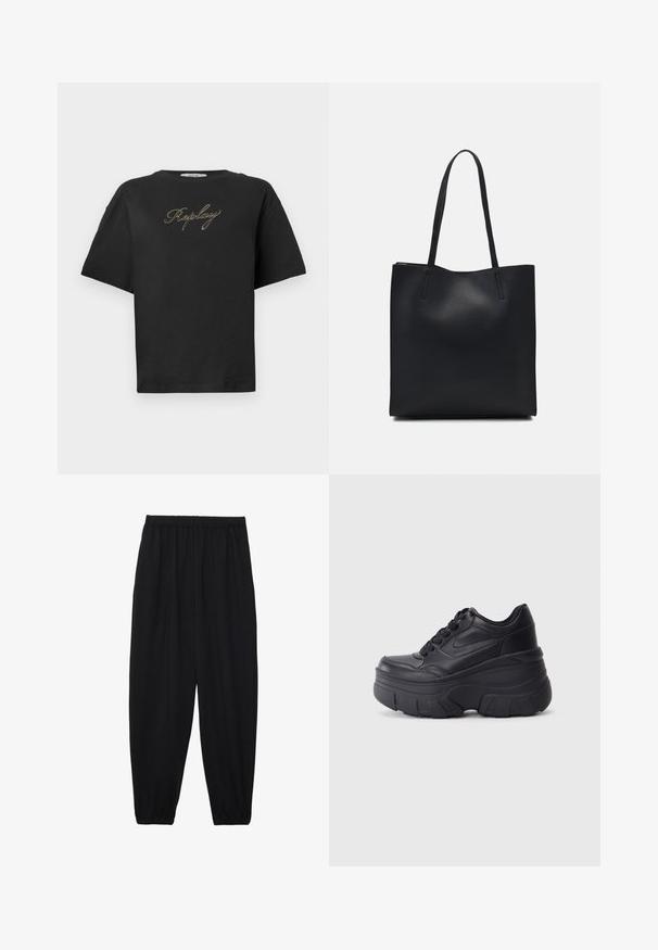 Juodas trumpomis rankovėmis marškinėliai su auksiniu užrašu "Replay" kursyvu, įsikūrusiu krūtinės centre, rodomi ant paprasto balto fono.; Juodi, lengvi kelnių su elastinga juosmens juosta ir surinktais kulkšniais. Audinys yra lygus ir turi atsipalaidavusį, siaurėjantį dizainą.; Juodi lakuoti sportbačiai su masyviu padu, turintys sklandų odinį viršų, suapvalintą pirštą ir išskirtinį sluoksniuotą platformos dizainą.; Juodas odinis tote krepšys su lygia tekstūra, stačiakampio formos ir dviem ilgais rankenomis. Matomų metalinių detalių ar puošybos nėra.