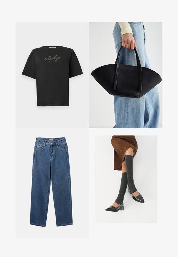 Črna majica s kratkimi rokavi z zlatim besedilom "Replay" v kurativnem pisavi, centrirano na prsih, prikazana na enostavni beli podlagi.; Klasične modre jeans hlače s ravnim krojem, petimi žepi in gumbom za zapiranje. Imajo srednje pranje in trdno teksturo.; Črne lakirane čevlje s pointy prsti in blok peto ter z naramnicami za gleženj, ki jih kombiniramo s sivimi rebrastimi nogavicami in rjavim suknjičem iz usnja.; Črna usnjena torbica z edinstveno obliko ventilatorja, z ravnimi ročaji. Površina ima teksturo z drobnimi kamni in minimalističen dizajn.