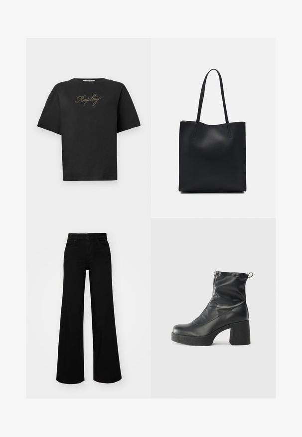 Fekete, rövid ujjú póló arany dőlt betűs "Replay" logóval, amely középen helyezkedik el a mellkason, egyszerű fehér háttér előtt.; Fekete, bő szárú farmernadrág, amelynek állítható derékrésze van, övhurkokkal és elülső zsebekkel. Simaság jellemzi, klasszikus dizájnnal.; Fekete bokacsizmák sima bőrből, oldalsó cipzárral, vastag, texturált sarkú és lekerekített orrú dizájnnal.; Fekete bőrtáska sima felszínnel, téglalap alakú, két hosszú füllel. Nincs látható fémkiegészítő vagy díszítés.