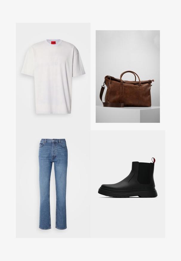 Vit bomullströja med rund halsringning, sänkta axlar och en präglad "HUGO"-logga på framsidan. Slät textur, avslappnad passform.; Blå denimjeans med hög midja, rak bendesign och subtila blekningar. Har klassisk femficksdesign och dragkedja.; Svarta ankelstövlar med en slät yta, elastiska sidopaneler och en kontrasterande röd dragflik, med en tjock gummisula och rund tå.; Brun läder resväska med dragkedjestängning, dubbla handtag, justerbar axelrem och synliga texturmönster på ytan.