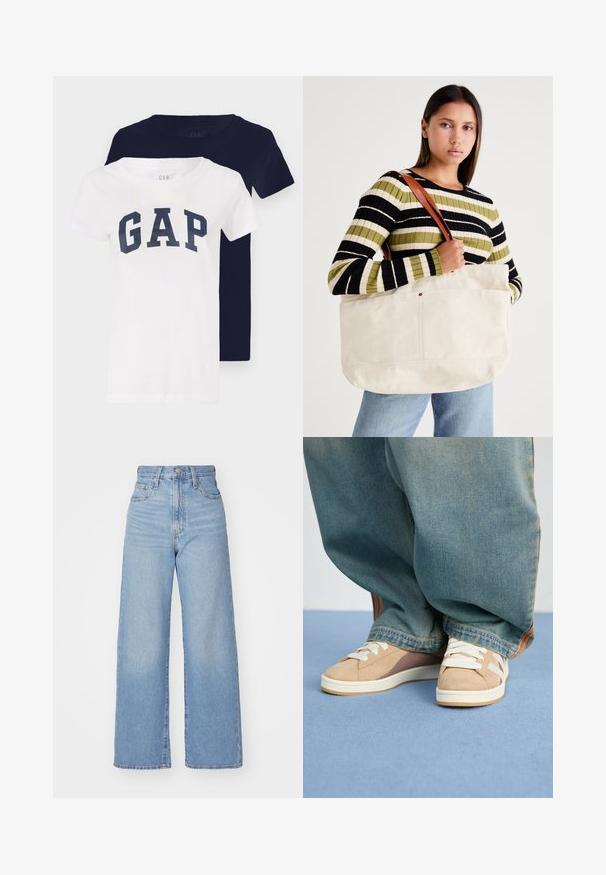 Divas T-krekli: viens balts ar tumši zilā krāsā "GAP" logo, otrs pilnīgi tumši zilas krāsas. Abiem ir īsas piedurknes un apaļš apkakles dizains.; Gaiši zili augstās jostas vidukļa platās bikses ar priekšējo pogu un rāvējslēdzēju, priekšējām un aizmugurējām kabatām uz baltā fona.; Bežīgas sporta apavus, kas izgatavoti no zamšādas un auduma, ar baltām auklām, gaiši brūnām detaļām un teksturētu zoli. Nēsāti ar brīvām zilām džinsu biksēm.; Liels bežs kanvas iepirkumu maisiņš ar brūnu ādas siksnām, kas piedāvā minimālistisku dizainu un redzamās šuves akcentus.