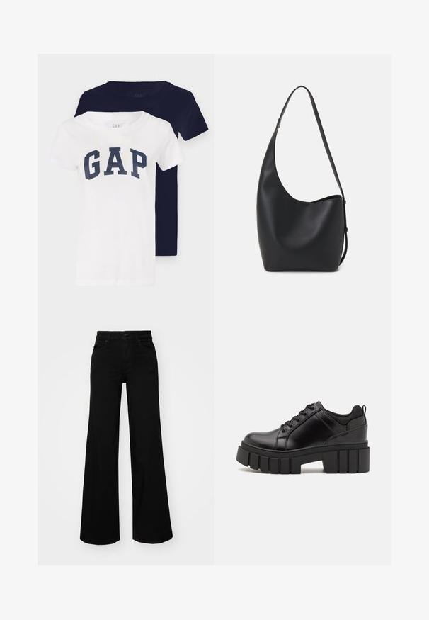 Zwei T-Shirts, eines weiß mit einem marineblauen "GAP"-Logo, das andere einfarbig marineblau. Beide haben kurze Ärmel und ein Rundhalsausschnitt-Design.; Schwarze weit geschnittene Hose aus Denim, mit einem strukturierten Bund, Gürtelschlaufen und Fronttaschen. Glatte Textur mit klassischem Design.; Schwarze Lederplateauschuhe mit klobigem Blockabsatz, runder Zehenpartie und traditionellem Schnürdesign. Verfügt über eine glatte Textur und minimale Details.; Schwarze Leder-Hobo-Tasche mit einer glatten Textur, geschwungener Form und einem einzelnen verstellbaren Tragegurt; verfügt über eine weite Öffnung am oberen Ende.