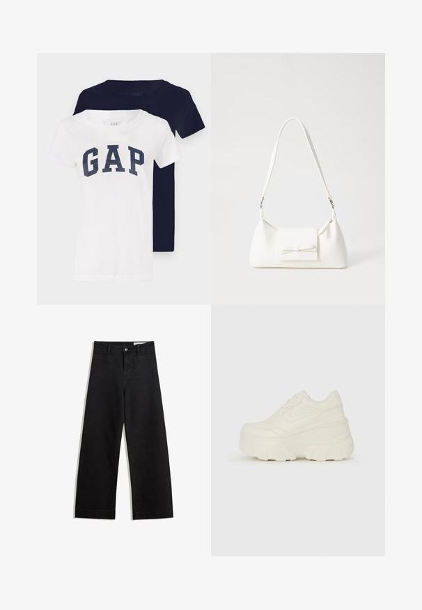 Dwie koszulki, jedna biała z granatowym logo "GAP", druga w jednolitym granacie. Obie mają krótkie rękawy i okrągły dekolt.; Czarne dżinsowe spodnie o szerokich nogawkach i wysokim stanie, z przednimi i tylnymi kieszeniami, przeszyciami oraz zapięciem na guziki. Gładka struktura.; Białe sneakersy na platformie z gładkim, skórzano przypominającym wierzchem, zaokrąglonym kształtem, wyściełanym kołnierzem oraz teksturowaną gumową podeszwą z wyraźnym bieżnikiem.; Biała syntetyczna torba o trójkątnym kształcie, płaskim przednim klapce i detalach w postaci kokardy, regulowanym pasku, gładkiej fakturze oraz minimalistycznym designie.