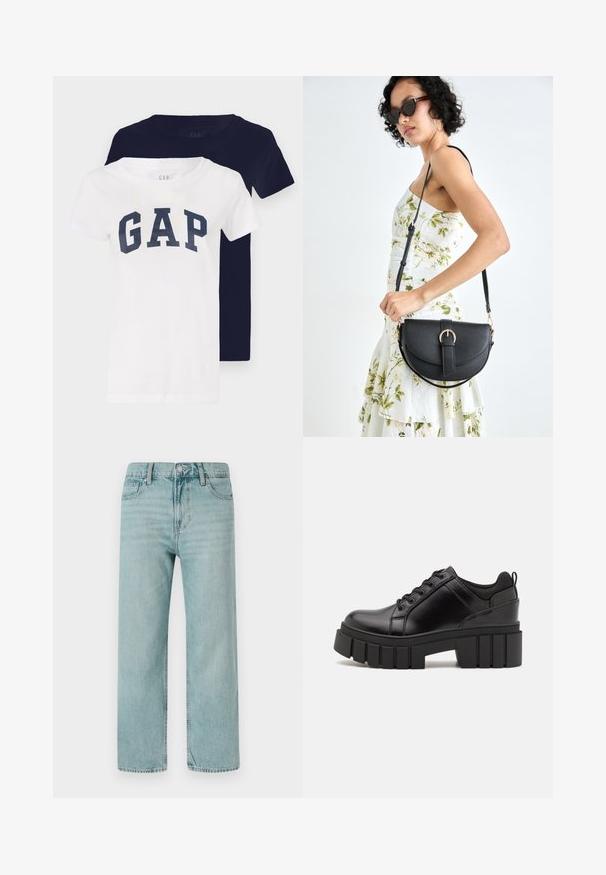 Two t-shirts, one white with a navy "GAP" logo, the other solid navy. Both have short sleeves and a crew neck design.; Light blue wide-leg jeans made from denim, featuring a classic five-pocket design, clean lines, and a regular waistband with a button closure.; Black leather platform shoes with a chunky block heel, round toe, and traditional lace-up design. Features smooth texture and minimal detailing.; Black leather handbag with a curved shape, detachable strap, and gold hardware. The bag features a flap with a buckle detail.