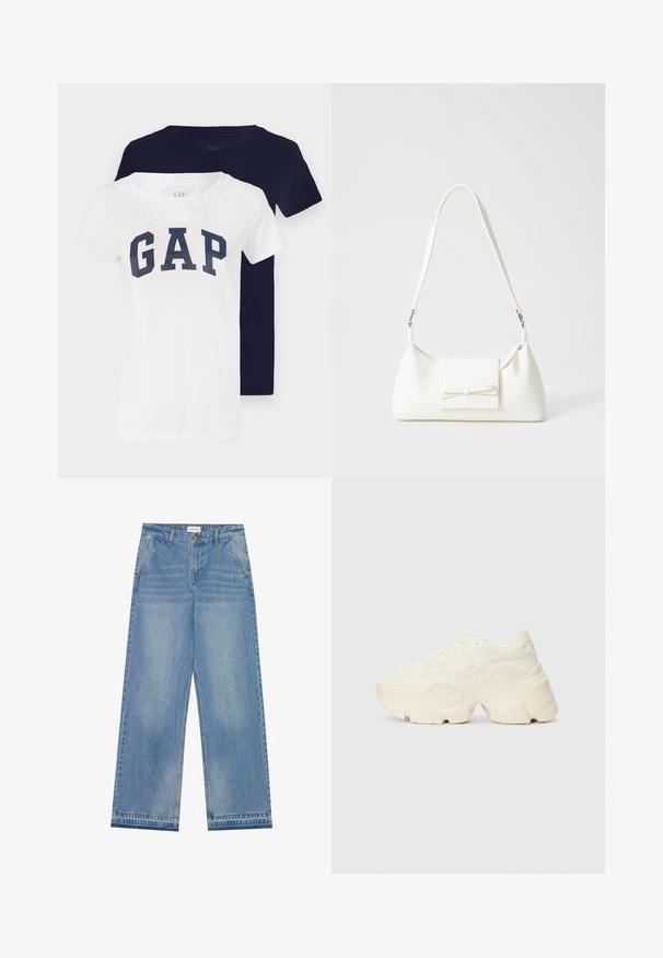 Duas t-shirts, uma branca com um logo "GAP" em azul-marinho, e a outra totalmente azul-marinho. Ambas têm mangas curtas e design de decote redondo.; Jeans de cintura alta, largura larga, em azul claro, com fecho de botão, bolsos frontais, passantes para cinto e detalhes de desbotamento sutis.; Sapatilhas brancas chunky feitas de malha texturizada e materiais sintéticos, apresentando uma sola espessa e detalhes de padrão intrincados ao longo dos lados.; Mala sintética branca com formato triangular, aba frontal plana e detalhe de laço, alça ajustável, textura suave e design minimalista.