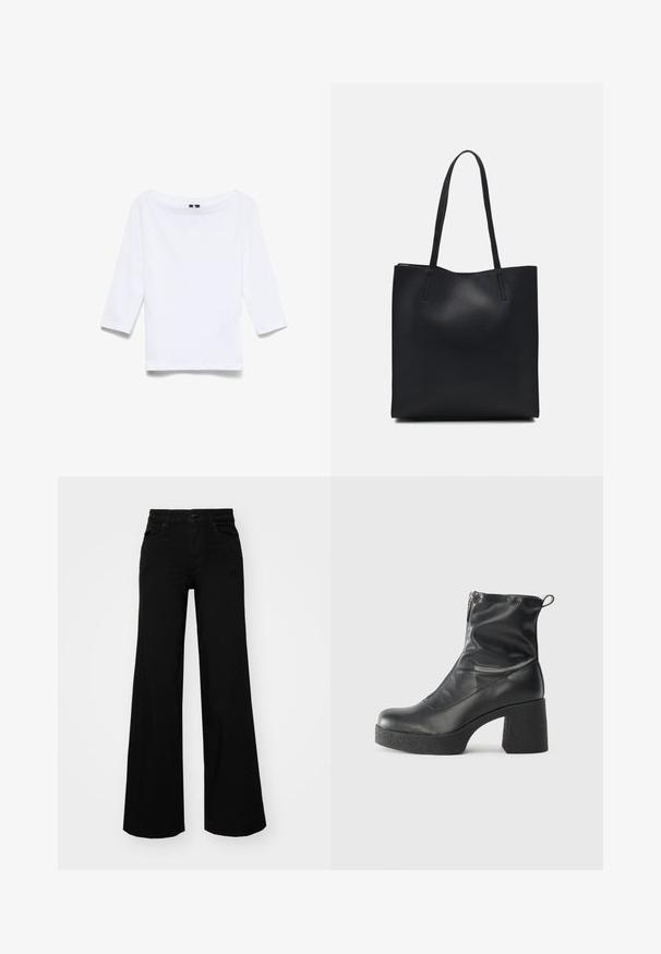 Valge kolmandiku pikkuse varrukatega särk, mis on valmistatud puuvillasegust kanga; omab laia paadi kaelust ja sileda, kerge tekstuuri.; Mustad mustad püksid, mis on valmistatud denimist, struktuurse vöökohtade, vöökootidega ja esikottidega. Sile tekstuur klassikalise disainiga.; Mustad mustad ansapüksid, mis on valmistatud siledast nahast, külje zipperiga, paksu tekstuuriga kontsaga ja ümmarguse nina disainiga.; Mustast nahast kott sujuva tekstuuriga, ristkülikukujuline ja kahe pika sangaga. Pole nähtavat riistvara ega kaunistusi.