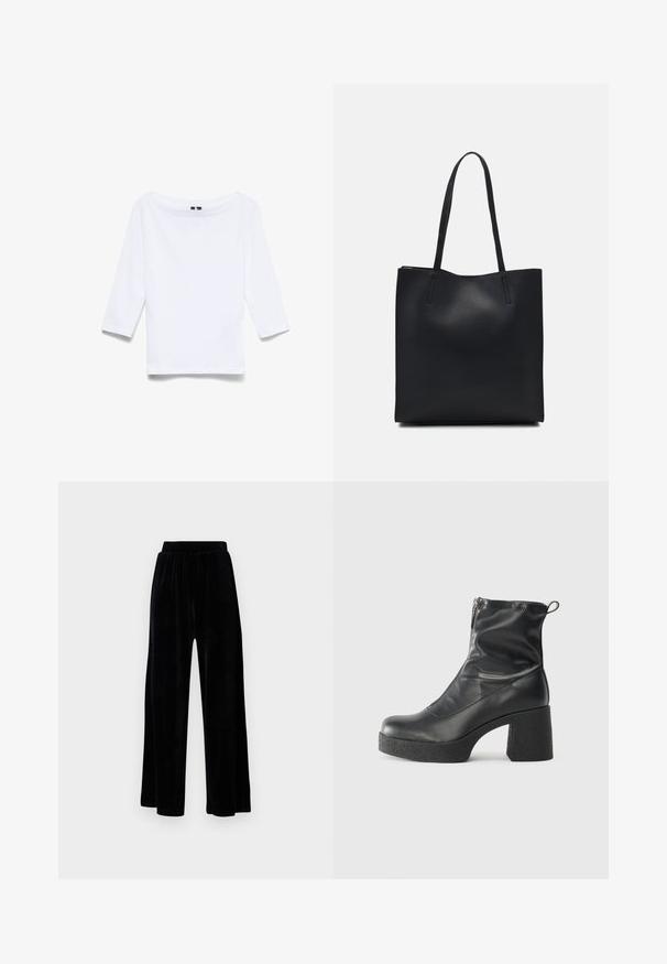 Balta krekls ar trimdaļu piedurknēm, izgatavots no kokvilnas maisījuma auduma; tam ir plats laivu izgriezums un gluda, viegla tekstūra.; Melni platajā stila bikses, izgatavotas no mīksta samta, ar elastīgu jostu un gludu tekstūru, bez redzamām detaļām vai rakstiem.; Melni potītes zābaki, kas izgatavoti no gludas ādas, ar sānu rāvējslēdzēju, masīvu strukturētu papēdi un noapaļotu purngalu.; Melnas ādas somiņa ar gludu tekstūru, taisnstūra formu un divām garām rokturiem. Nav redzamu aparatūras vai rotājumu.