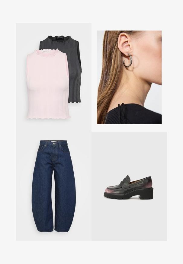 Két ujjatlan blúz található, az egyik rózsaszín, a másik sötétszürke, bordás textúrával és fodros nyakkal; mindkettő a testhez álló sziluettért készült.; Magas derekú sötétkék farmernadrág széles lábakkal, elöl gombbal és cipzárral záródik, klasszikus öt zsebes kialakítással.; Fekete bőr loaferek kerek orral, díszcsíkkal és tónusos árnyalatváltással feketéről sötét rózsaszínre a saroknál. Vastag talppal rendelkezik.; Ez egy ezüst fülbevaló, sima felülettel, amelyen apró arany díszítőelemek találhatók. Kerek formájú és a fülcimpán viselik.